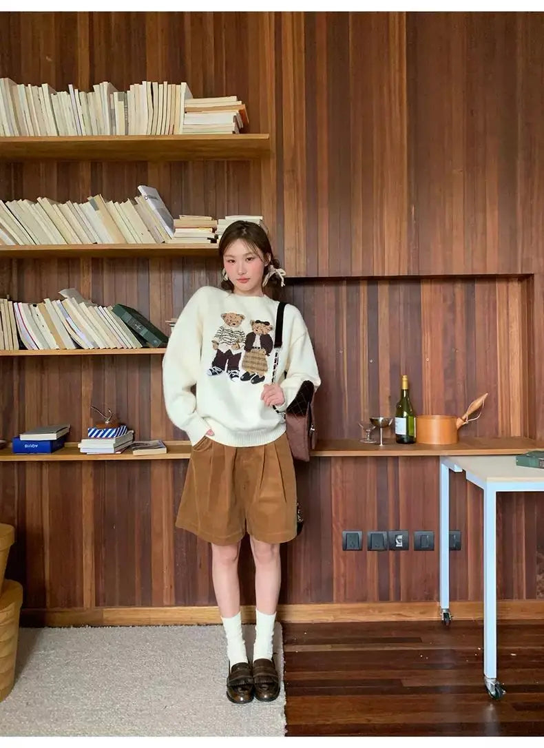 Sweater cartoon small bag core yarn needle retro women's  loose round neck knitted sweater new print black