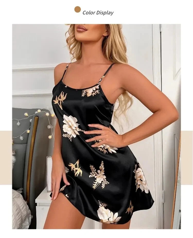 Women Nightwear Home Clothes Sexy Black Floral Printing Nightdress Sleepwear Nightshirts Silk Sleepshirts Nightgowns For Woman