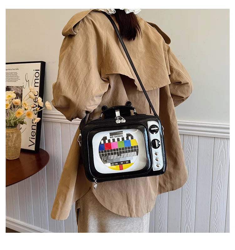 Cartoon Cute Handbags for Women Funny Retro TV Transparent Square Bag Fashion Leather Personalized Creative Shoulder Bag Woman