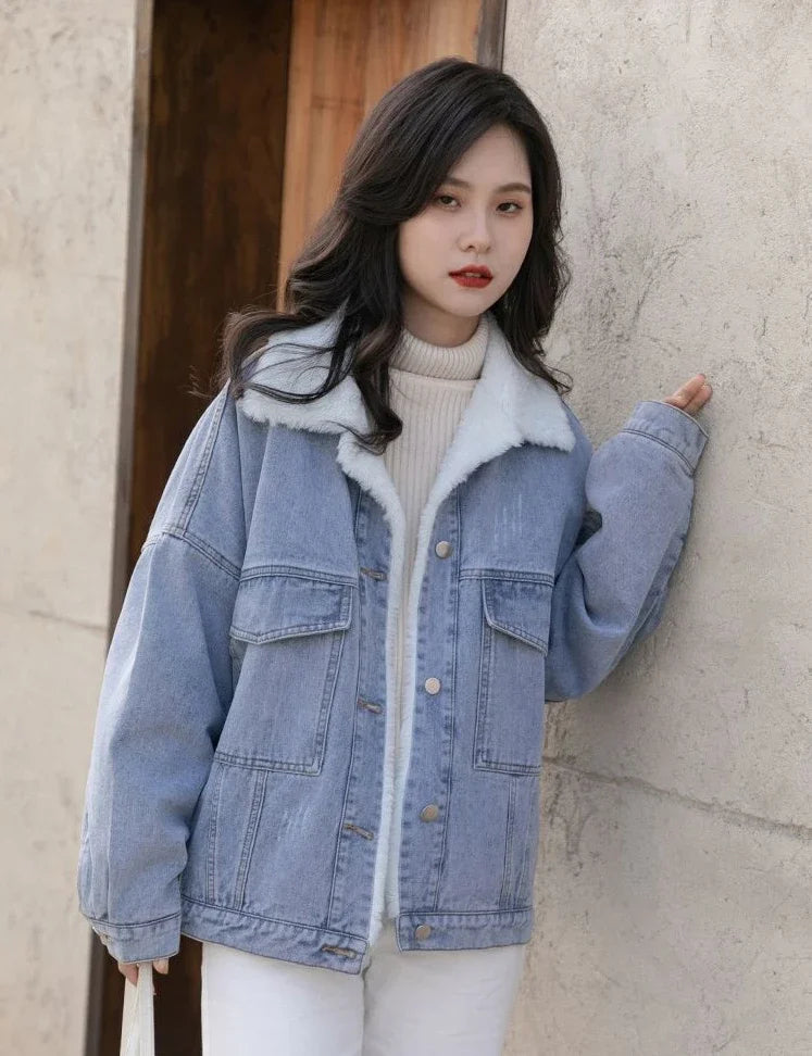 Outerwear Wool Inside Plain Warm Blue Denim Jacket for Women with Fur Plush Woman Jean Coat Winter 2025 Cold Padded Korean Outer