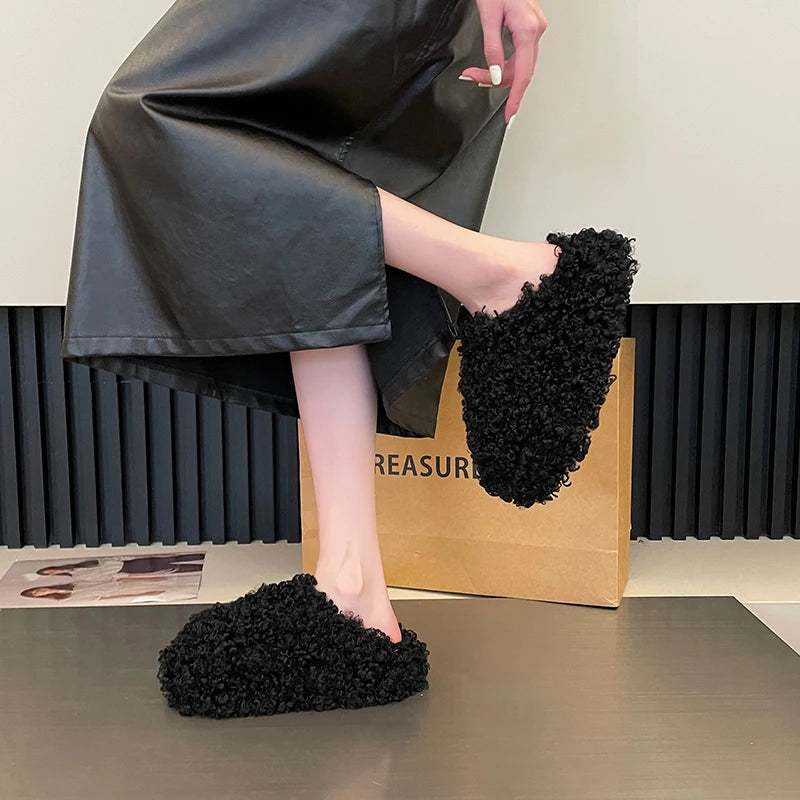 Shoes Woman 2025 Cover Toe Slippers Casual Platform Fur Flip Flops Pantofle Luxury Plush New Slides Shoes Woman 2024 Plush Slipp