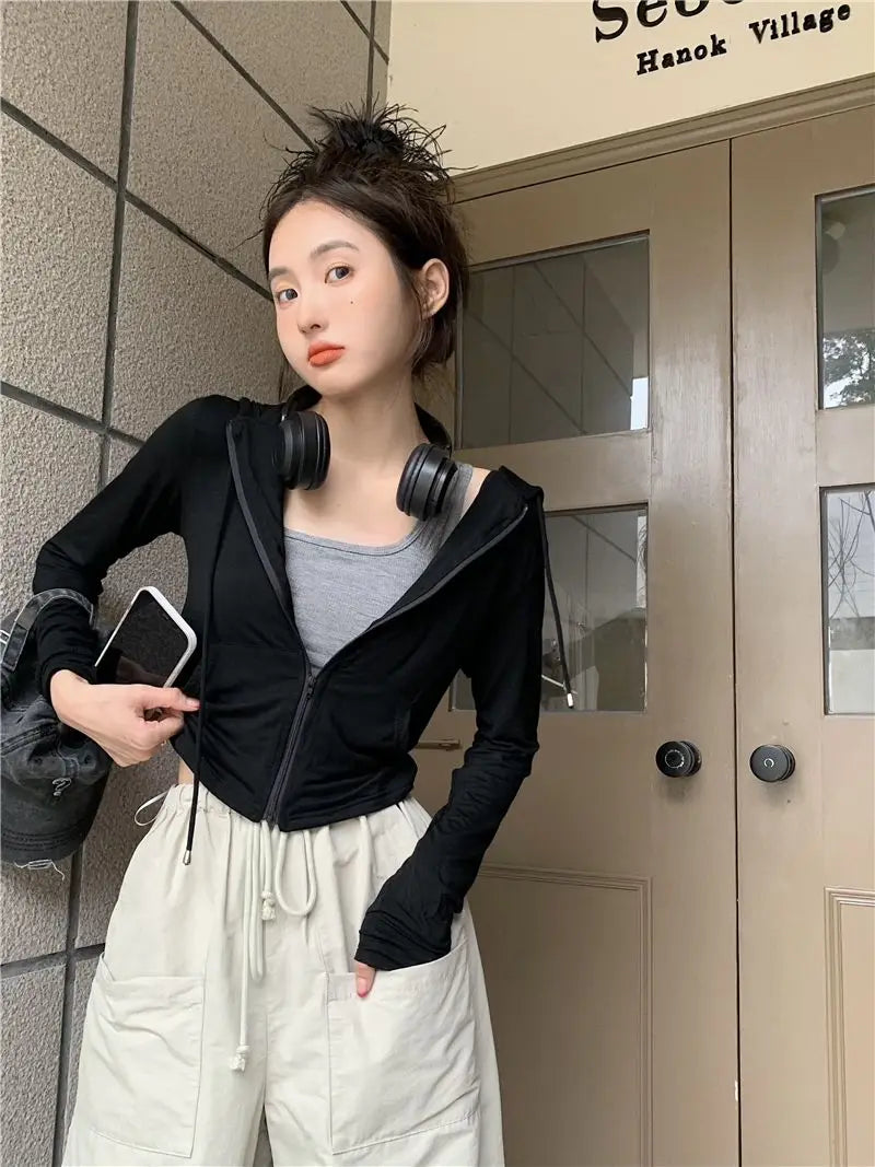 Hooded Jackets Women Thin Sunscreen Solid Fashion Summer Long Sleeve Cropped Coats All-match College Breathable Sporty Popular