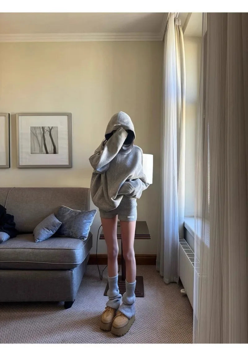 Sweater Set Women American Vintage Hooded Long Sleeve Cardigan Straight Shorts Grey Two Piece Outfit Fall Winter Streetwear Set