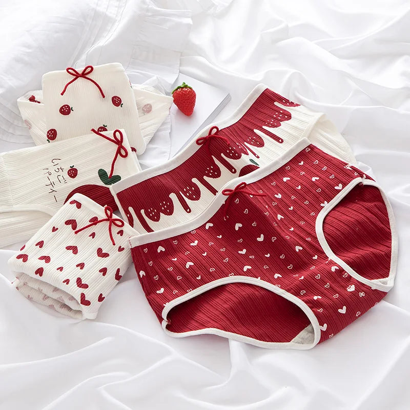 Cotton Panties Female Underpants Sexy Women Underwear Soft Lingerie Lace Up Briefs Strawberry Hearted Printed Pantys