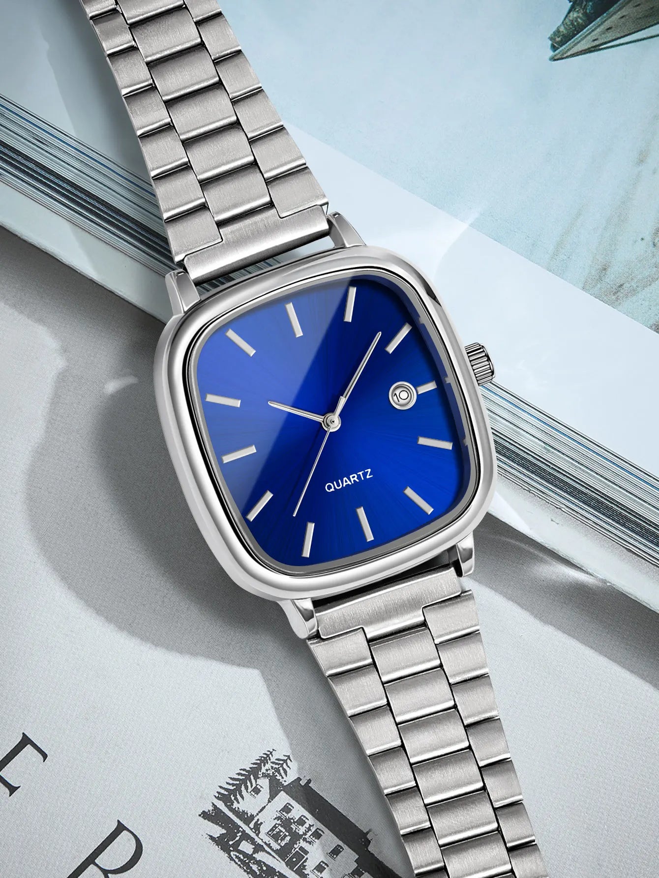 LUCKY FOX Modern minimalist square watch Business mens metal watch stainless steel chain multi-scene commuter watch