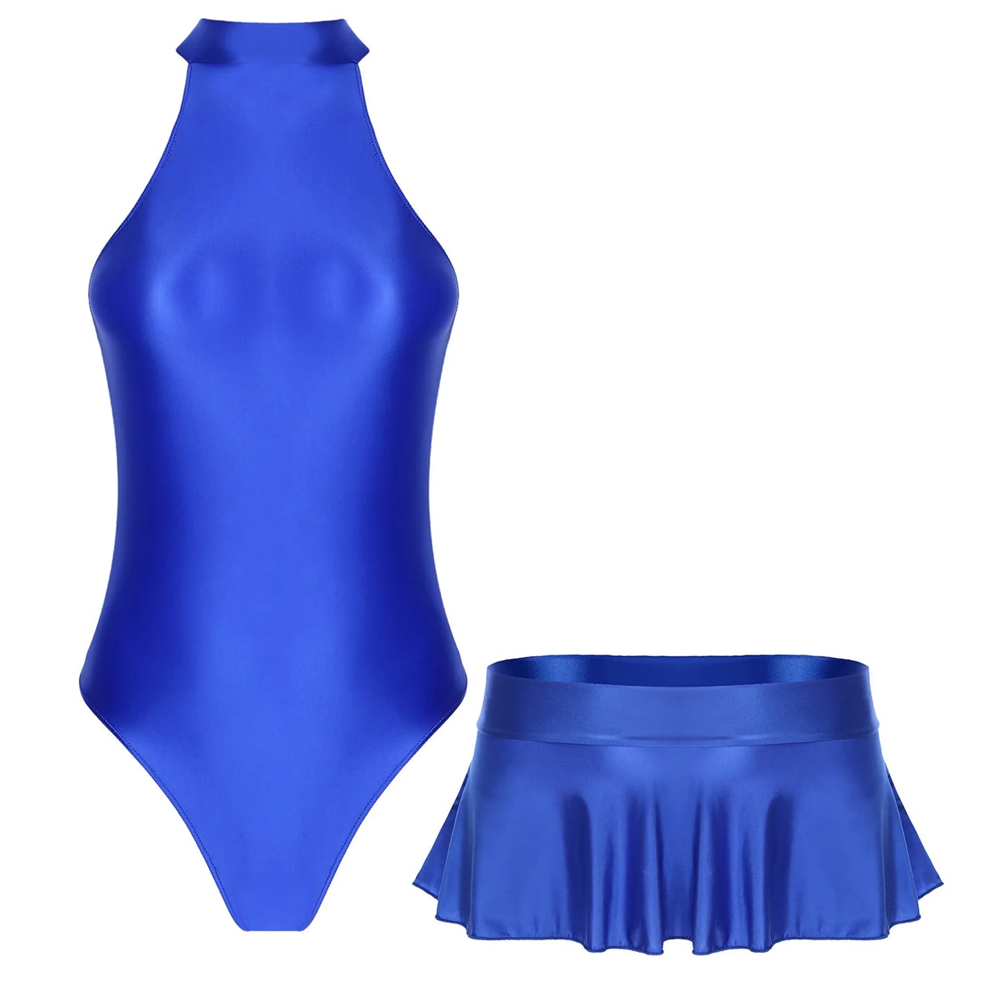 Women Glossy Bodysuit Swimsuit Set Elastic Sleeveless High Cut Leotard with Ruffled Mini Skirt Swimming Bathing Suit Swimwe﻿ar