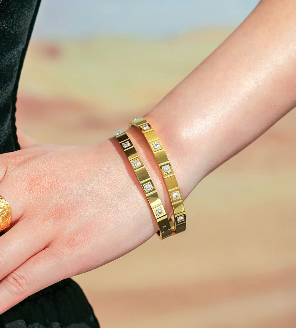 Stainless Steel Bracelet Bangle For Women Men 18k Gold Plated Inlaid Shiny Zircon Openable Unisex Bracelets Bangles Couples Gift