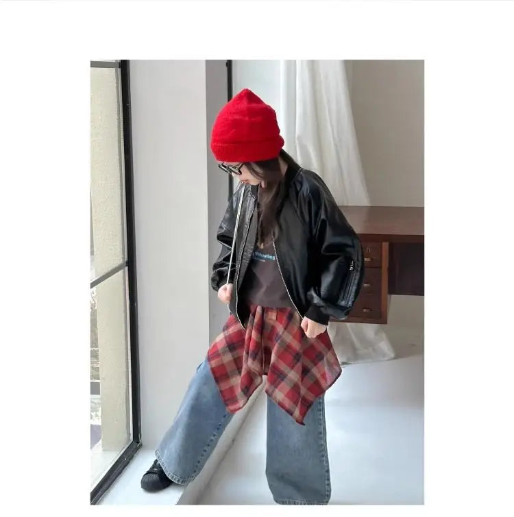 Girls' outerwear Spring and Autumn 2025 New Fashionable Outerwear Short Leather Jacket Autumn Clothing for Children