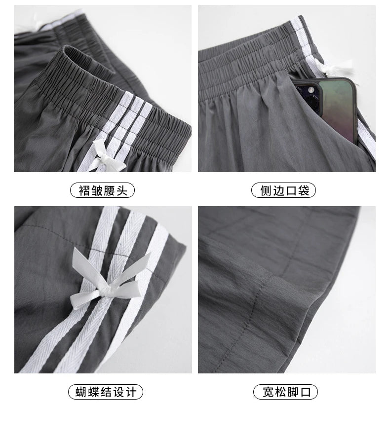 Summer Oversized Shorts Women Striped Bow Fashionable Large Wide Leg Casual Shorts Thin Quick Drying High Waist Straight Shorts