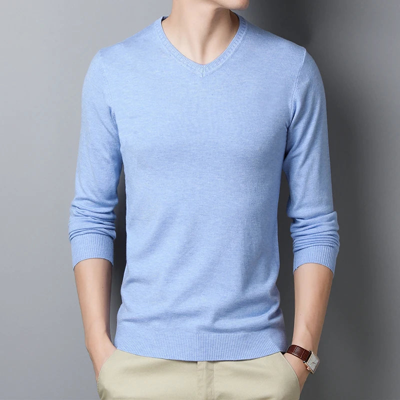 Sweater men's solid color sweater V-neck sweater thin design spring and autumn winter knitted base sweater