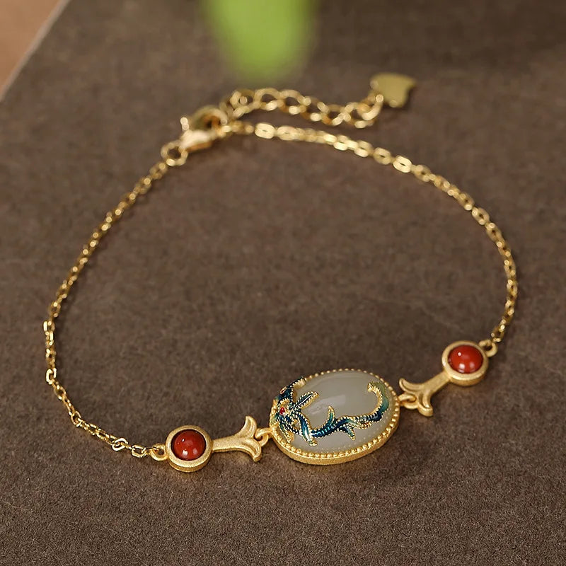 Gold Plated Cloisonne Jewelry Set Inlaid Hetian Jade Chinese Wind Vine Ladies Ring Earring Bracelet Pendant Necklace