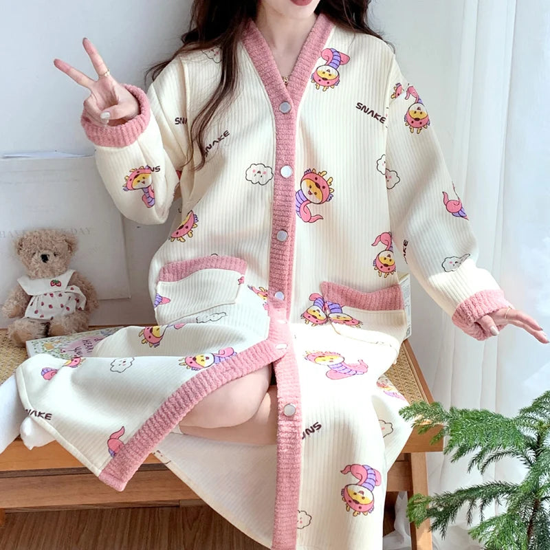 Maternity Sleepwear Nursing Nightwear Long Sleeve Robe Loose Fit Pregnant Women Homewear Winter Comfortable Fleece Nightwear