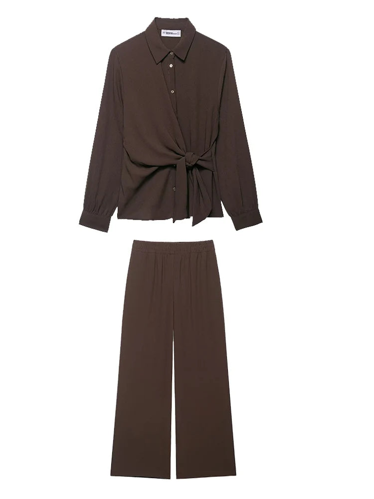Women's Casual Suit Women Shirts Top+ Wide Leg Pants Two Pieces Sets For Women Long Sleeve Shirts Elastic Waist Trousers Suit