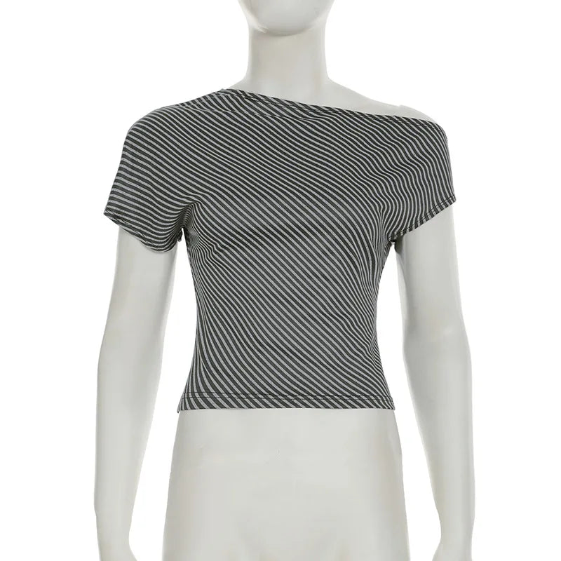 Striped T Shirts For Women Streetwear Inclined Collar Crop Top Y2k Accessories Short Sleeve Grunge Clothes Ropa Mujer Camisetas