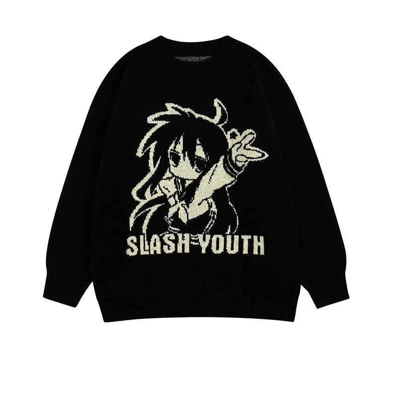 Sweater Women Japanese Cartoon Printed Pullover Knitwear Winter Chic Kawaii Sweaters O-neck Loose Cute Jumpers Tops Y2k Clothing