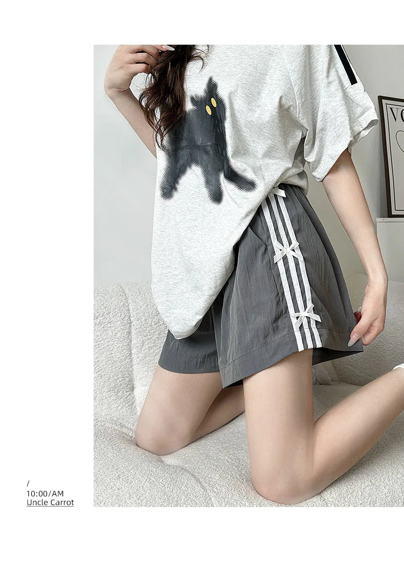 Summer Oversized Shorts Women Striped Bow Fashionable Large Wide Leg Casual Shorts Thin Quick Drying High Waist Straight Shorts