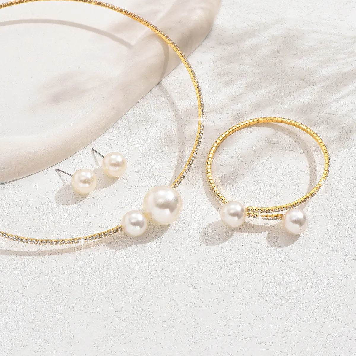 Fashionable Classic Wedding Party Jewelry Sets for Women Pearl Rhinestones Choker Necklace Earrings Bracelet Jewelry Sets