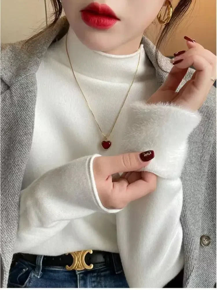 2025 Sweater For Women Casual Thick Warm Knit Plush Velvet Lined Pullover Tops Fall Winter Soft Knitwear Jumper New Slim Poleras