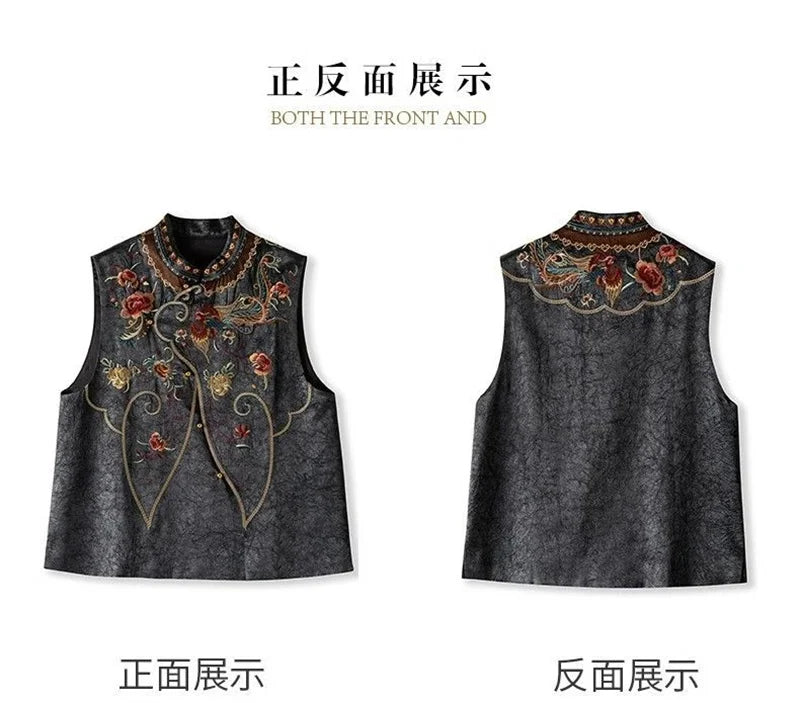 New Outerwear Women's Jackets National Wind Chinese Style Stand Collar Heavy Industry Embroidery Vest new Buckle vest retro top