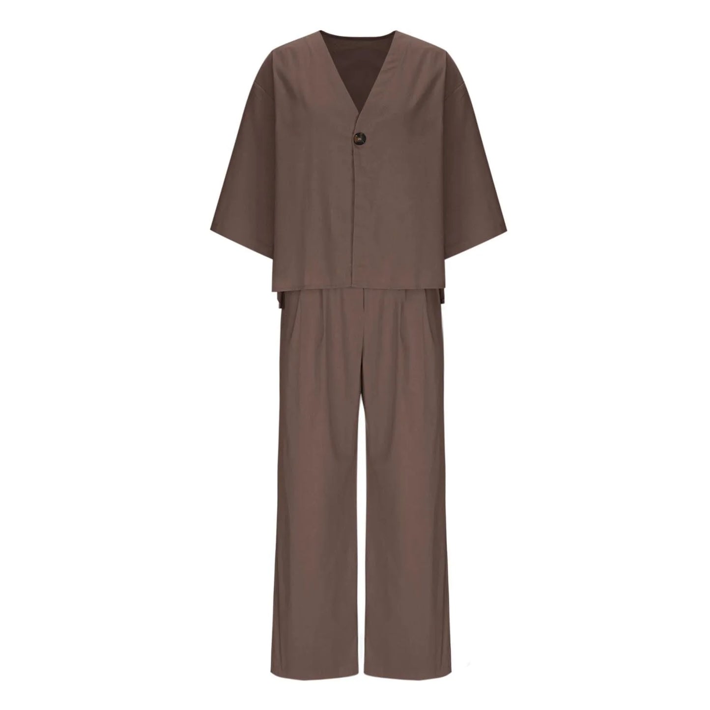Two Piece Outfits For Women V Neck Button Down Shirt Top And Wide Leg Pants Set Loose Sweatsuits Conjunto Dos Piezas Mujer