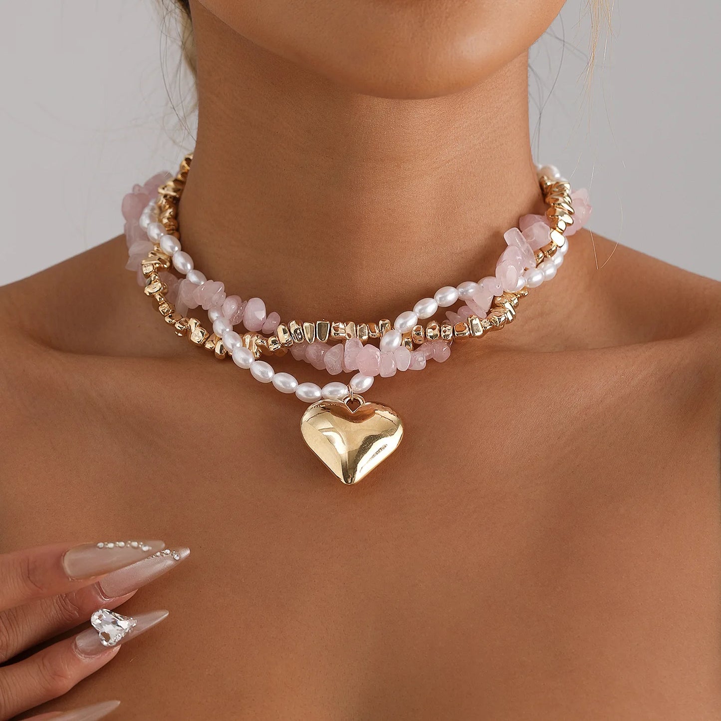 Y2K Heart Beaded Necklace Women Boho Irregular Crystal Class Gravel Clavicle Chain Cool Y2K Choker Exquisite Fashion Jewelry