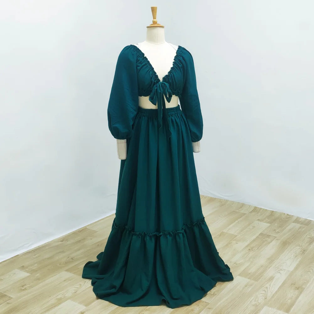 Maternity Photography Dresses Soft Cotton-Like Dress V-neck Tie Up Top A-line Skirt Two-Piece Set Clothes For Pregnant W