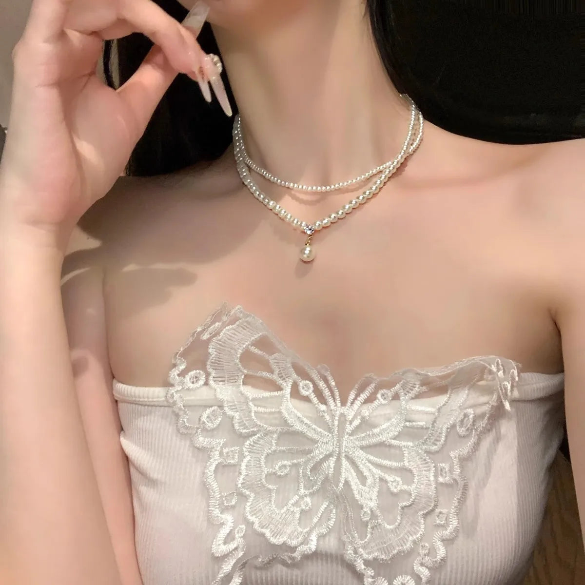 Elegance retro pearl double-layer collarbone chain women's accessory pearl high-end light luxury and niche necklace