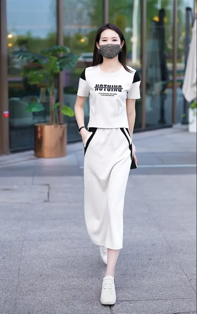 Women's Two Piece Set Short Sleeve Lightly Cooked Slit Skirt Luxury Designer Clothing Y2k Clothes Top and Bottom Female Outfits