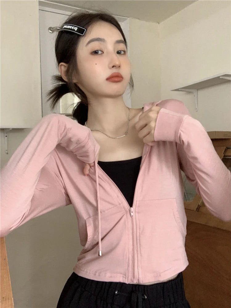 Hooded Jackets Women Thin Sunscreen Solid Fashion Summer Long Sleeve Cropped Coats All-match College Breathable Sporty Popular
