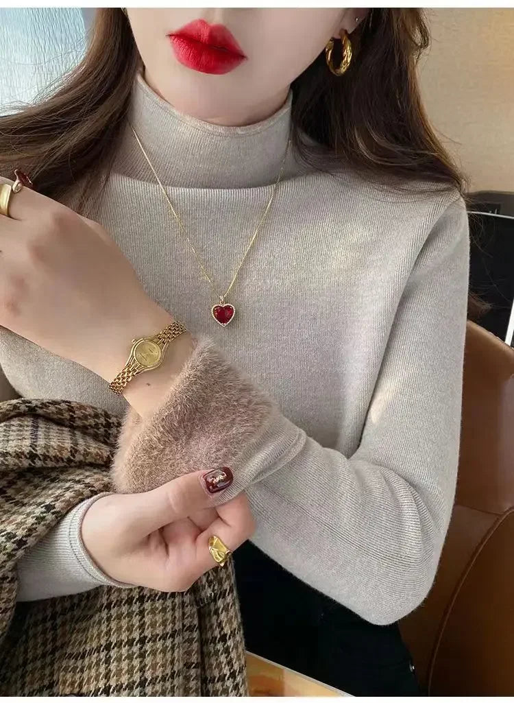 2025 Sweater For Women Casual Thick Warm Knit Plush Velvet Lined Pullover Tops Fall Winter Soft Knitwear Jumper New Slim Poleras