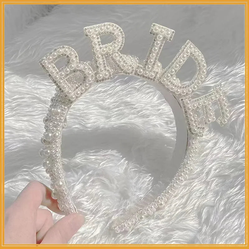Bridal Hairband Pearl Crown with Headscarf Bride To Be Luxury WIFEY Hair Accessories Wedding Engagement Dinner Decoration Gift