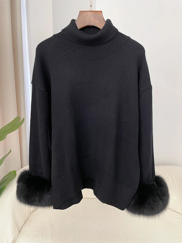 Sweater Women 2024 Autumn Winter Fashionable Sweaters with Real Fox Fur Sleeves Slim Fit Sweaters Fur Knitwear England Style