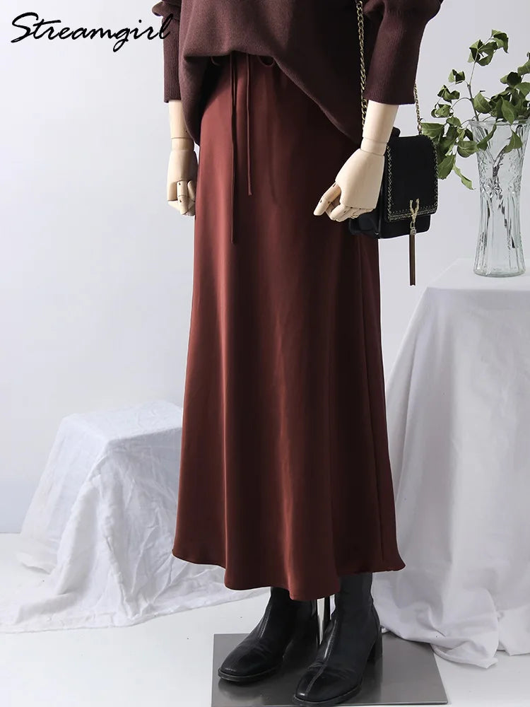 Long Black Satin Skirts Women For Work Summer Autumn Straight Brown Skirt Long Belt Coffee Formal Silk Maxi Skirt For Ladies