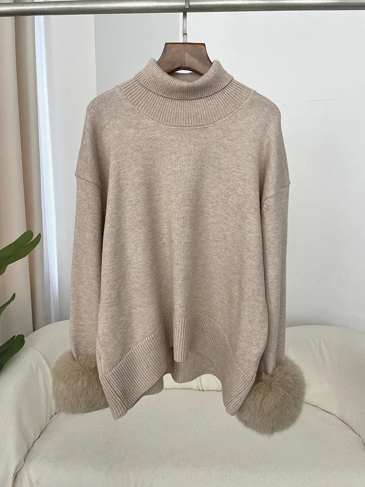 Sweater Women 2024 Autumn Winter Fashionable Sweaters with Real Fox Fur Sleeves Slim Fit Sweaters Fur Knitwear England Style