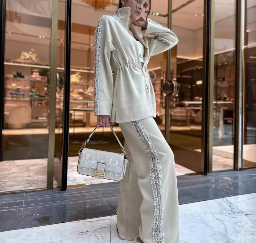 Women's two pieces set Fashionable Contrasting Color Drawstring Elastic Top Casual Pants Set Temperament Commuting Two-Piece Set