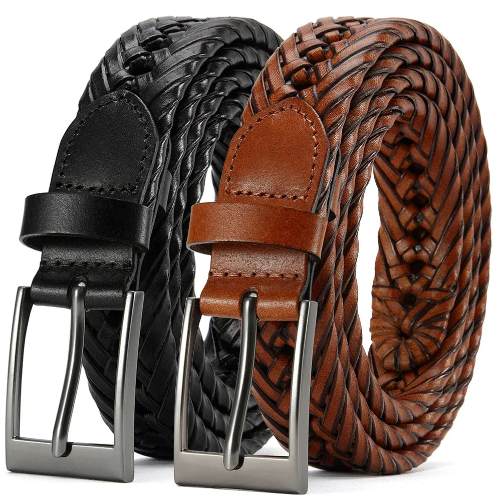 Men Belts Genuine Leather LONG Large Pin Buckle Metal Automatic Buckle High Quality Braided Vintage Casual for Jeans Women Strap