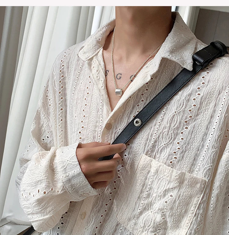 Shirts for Men Hollow Out Lapel Men Blouse Vacation Sexy Handsome Fashion Men Clothing Mesh Long-sleeved Shirts Black/Apricot