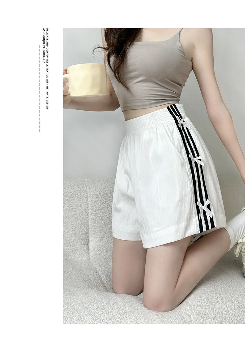 Summer Oversized Shorts Women Striped Bow Fashionable Large Wide Leg Casual Shorts Thin Quick Drying High Waist Straight Shorts