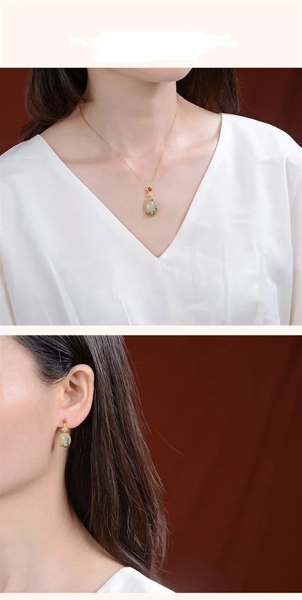 Gold Plated Cloisonne Jewelry Set Inlaid Hetian Jade Chinese Wind Vine Ladies Ring Earring Bracelet Pendant Necklace