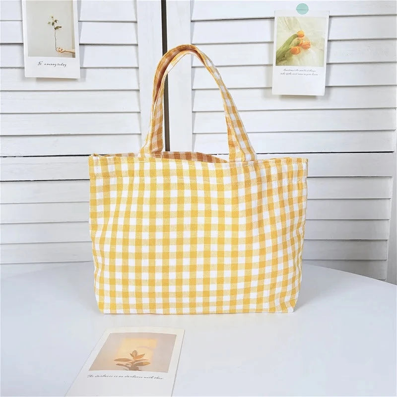 Portable Women's Bento Handbags Simple Plaid Ladies Small Tote Purse Shoulder Bags Retro Female Cloth Reusable Shopping Bag