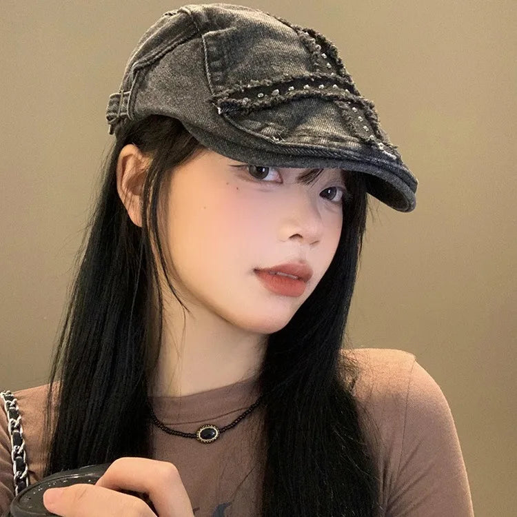 Women's Balck Hats Large Cap Retro Black Denim Riveted Washed Aged Beret American Hat Trend  Chapeau Vintage Hot Girl Y2k Hats