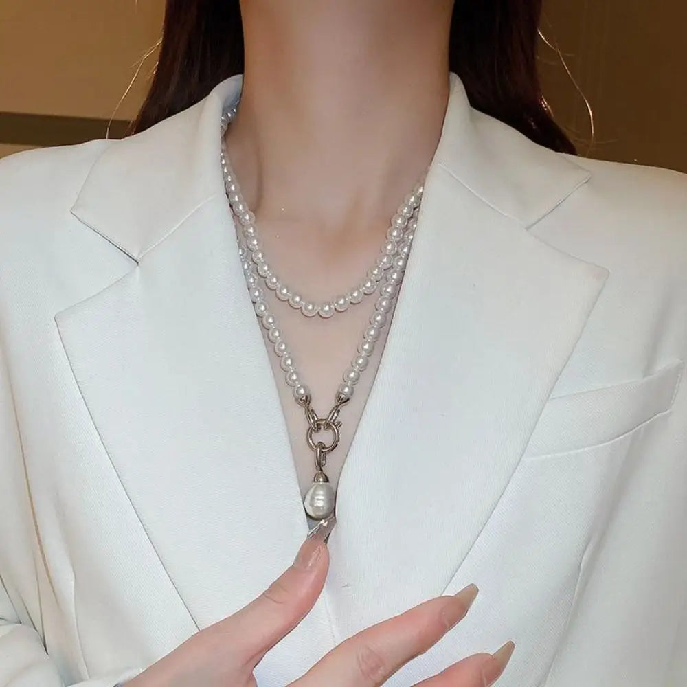 Sweet Elegant Pearl Beaded Necklace White Multilayer Pearl Choker Long Simple Pearl Pendant Accessory Women