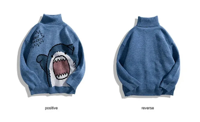 Shark Sweater Men Winter Cartoon Harajuku Korean Y2k Oversized Turtleneck Hip Hop Loose Knit Jumper Pullover High Collar Sweater