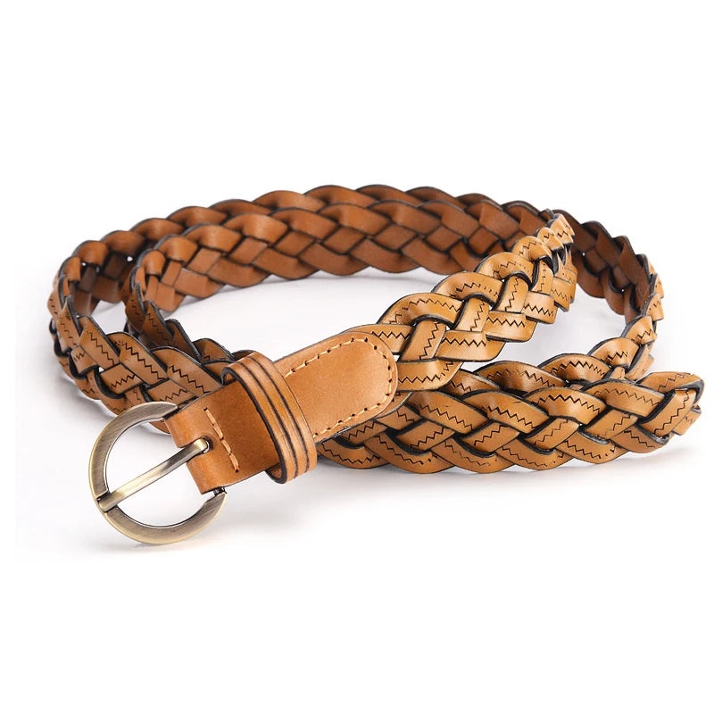 Women Leather Belt Waist Bands with Round Gold Buckle Braided Dress Belt Casual Thin Belt For Student Ladies Clothes Accessories