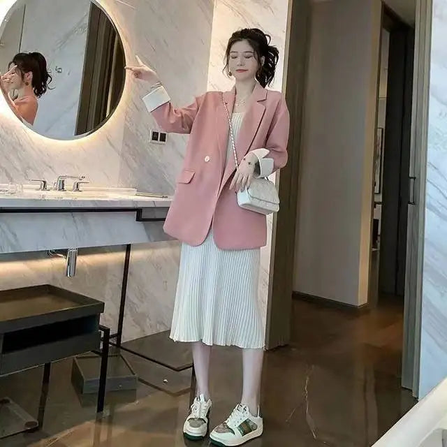 Long Blazers Woman Spring Casual Office Lady Lapel Double-breasted Slim-fit Elegant Solid Color Fashion Outerwear Minimalist