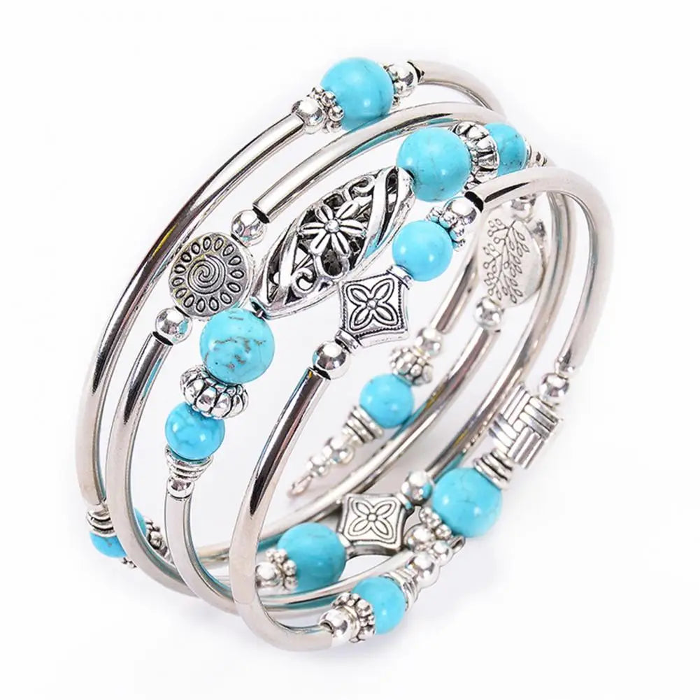Women Bangle Natural Stones Ethnic Multi Layered Retro Blue Turquoise Beads Wrap Bracelet Jewelry Accessories