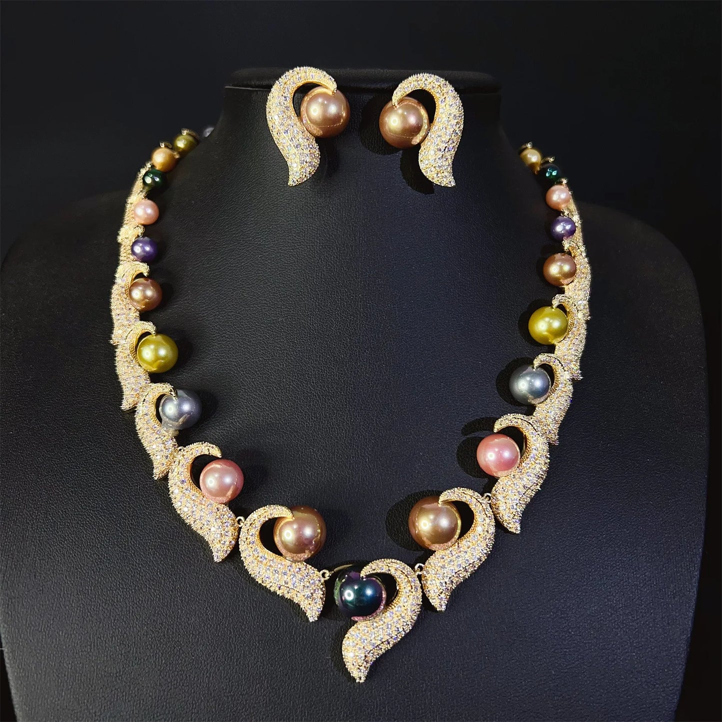 wedding bride jewelry sets silver gold color colorful pearls jewelry dinner party shiny zirconia anniversary gift women