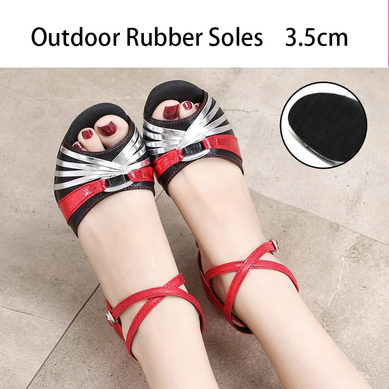 Women's Bachata Swing Salsa Latin Ballroom Dance Shoes Outdoor High Heels Peep Toe Performance Latin Dance Shoes for Woman