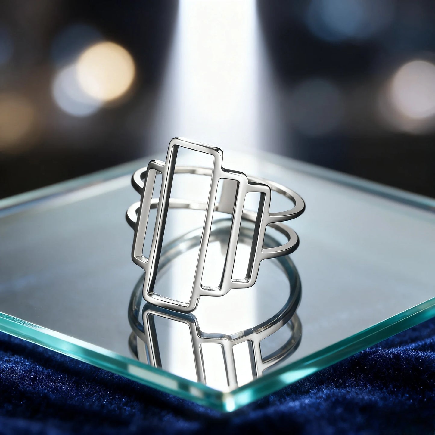 Fashionable and minimalist rectangular geometric ring with hollowed out lines geometric building ring minimalist couple ring