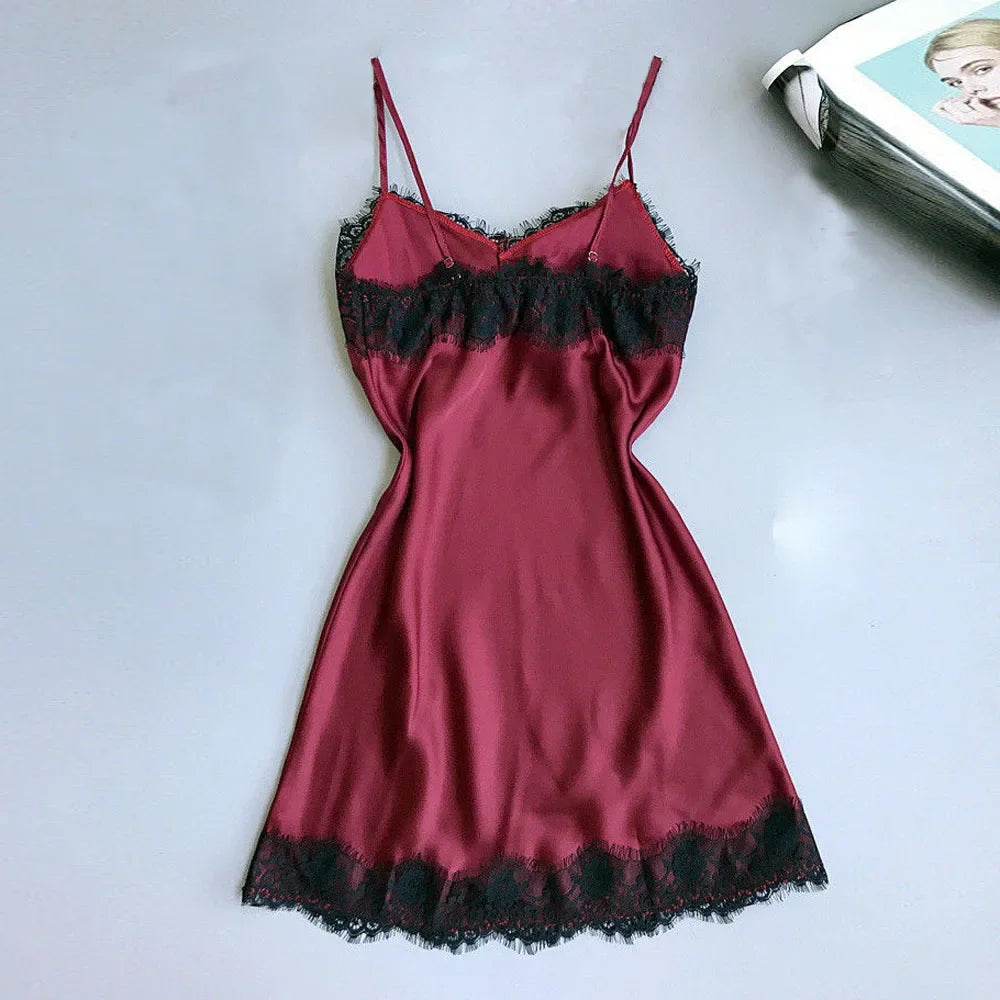 Ladies Sexy Silk Satin Night Dress Sleeveless Nighties V-neck Nightgown Nightdress Lace Sleepwear Nightwear for Women S-3XL